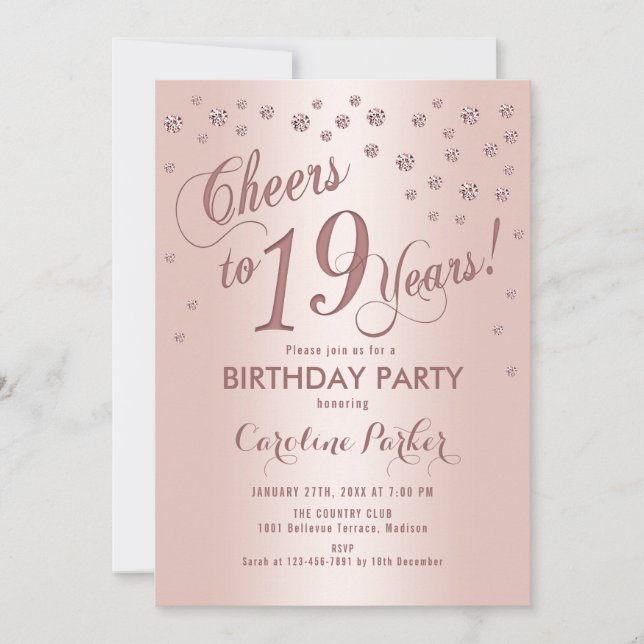 Rose Gold 19th Birthday Party Invitation (Front)
