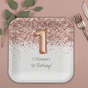 Rose Gold 1st Birthday Party Paper Plate