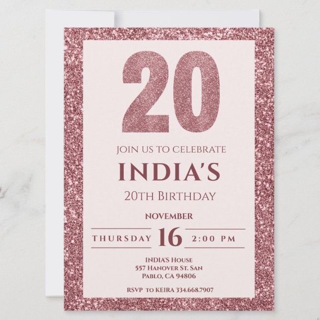 rose gold 20th birthday  invitation (Front)