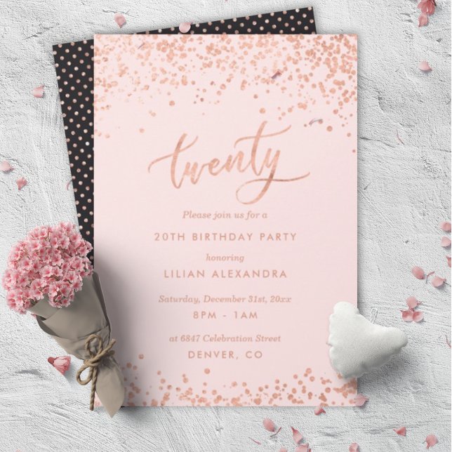 Rose Gold 20th Birthday Invitation | Faux Foil (Creator Uploaded)
