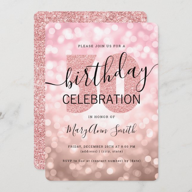 Rose Gold 30th Birthday Glitter Lights Invitation (Front/Back)