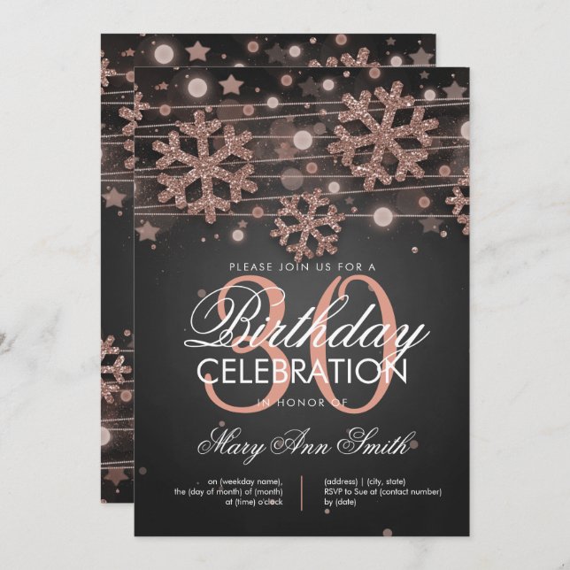 Rose Gold 30th Birthday Winter Glitter Glam Invitation (Front/Back)
