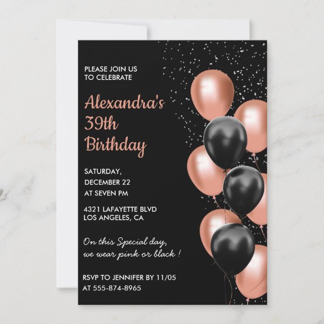 Rose gold 39th birthday invitation Balloon Black (Front)