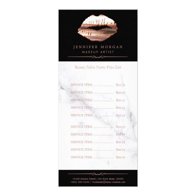 Rose Gold 3D Lips Marble Beauty Salon Price List Rack Card (Front)