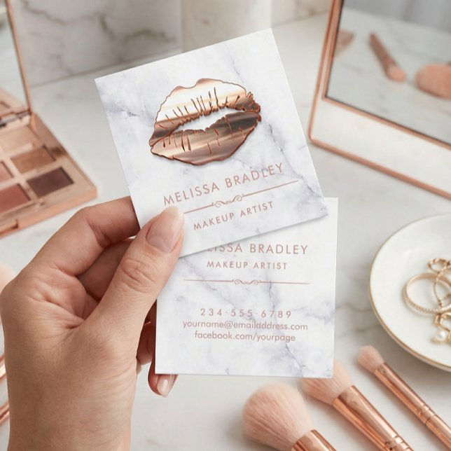 Rose Gold 3D Lips Marble Look Makeup Artist Square Business Card (Creator Uploaded)