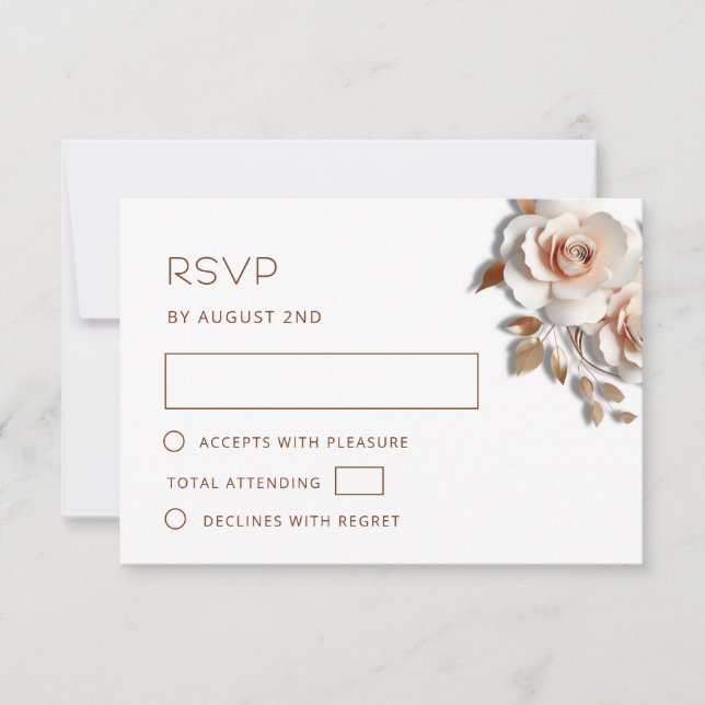Rose Gold 3D Roses Wedding RSVP Card (Front)
