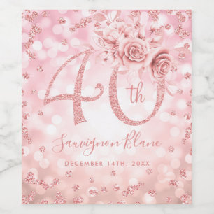 Rose Gold 40th Birthday Floral Glam Lights  Wine Label
