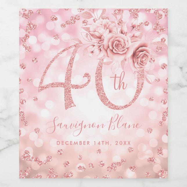 Rose Gold 40th Birthday Floral Glam Lights  Wine Label (Single Label)