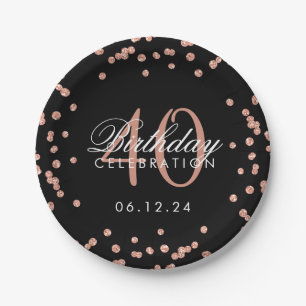 Rose Gold 40th Birthday Glitter Confetti Black Paper Plate