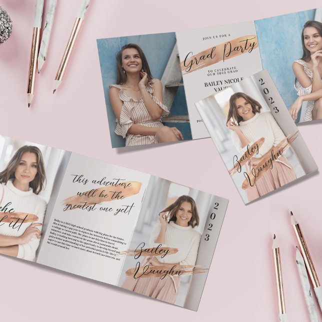 Rose Gold 4 Photo Graduation Tri-Fold Invitation (Creator Uploaded)
