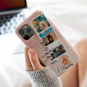 Rose gold 4 photo grid collage name blush monogram iPhone 13 pro max case