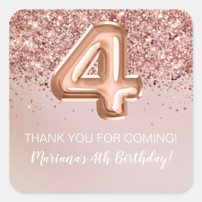 Rose Gold 4th Birthday Party Favour Square Sticker (Front)