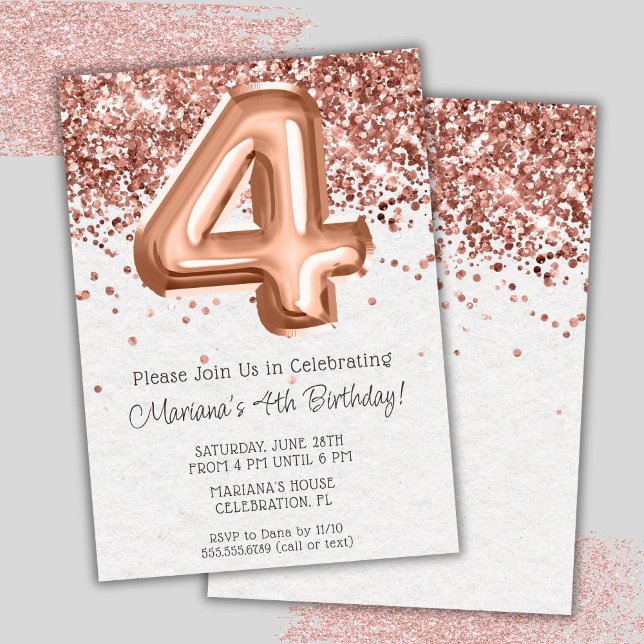 Rose Gold 4th Birthday Party Invitation (Creator Uploaded)