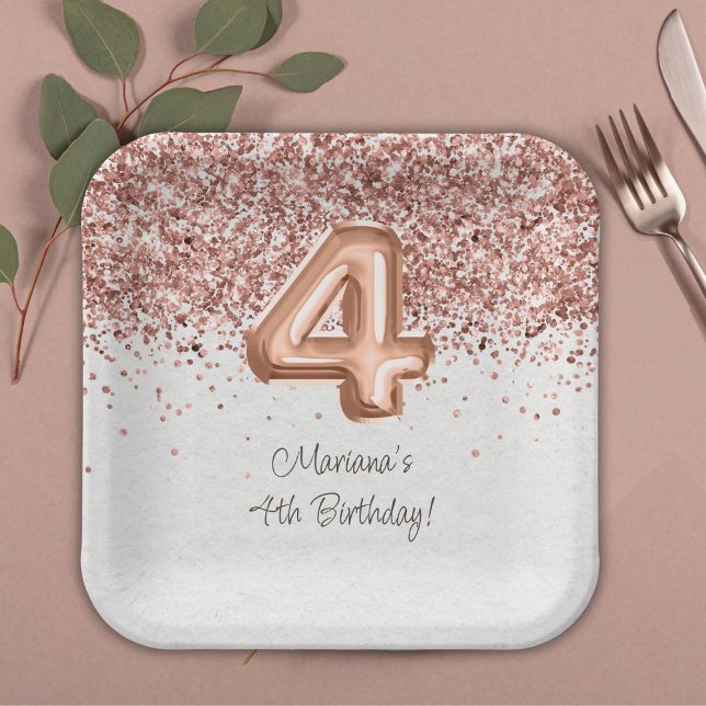  Rose Gold 4th Birthday Party Paper Plate (Creator Uploaded)