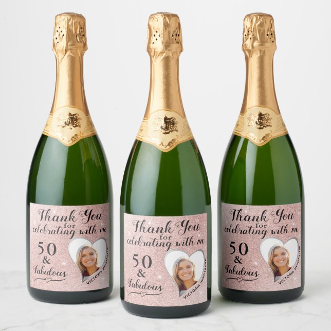 Rose Gold 50 and Fabulous Glam Birthday Thank You Sparkling Wine Label (Bottles)