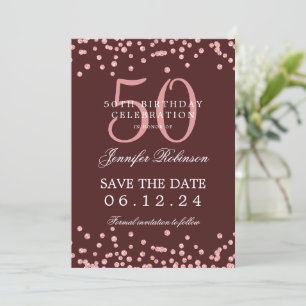 Rose Gold 50 Birthday Save Date Confetti Burgundy Invitation