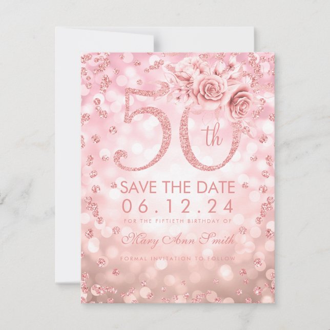 Rose Gold 50th Birthday Glam Lights Save The Date (Front)