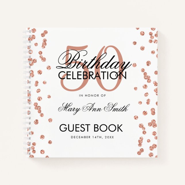 Rose Gold 50th Birthday Guestbook Confetti White Notebook (Front)