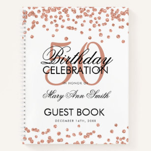 Rose Gold 50th Birthday Guestbook Confetti White Notebook