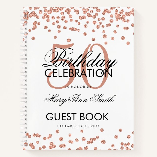 Rose Gold 50th Birthday Guestbook Confetti White Notebook (Front)