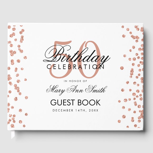 Rose Gold 50th Birthday Party Confetti Guest Book (Front)