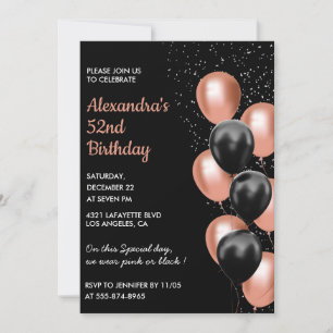 Rose gold 52nd birthday invitation Balloon Black