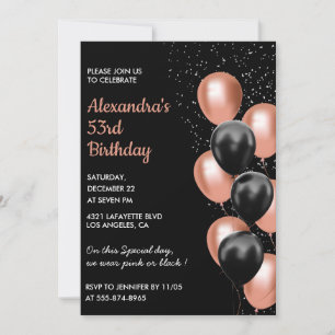 Rose gold 53rd birthday invitation Balloon Black