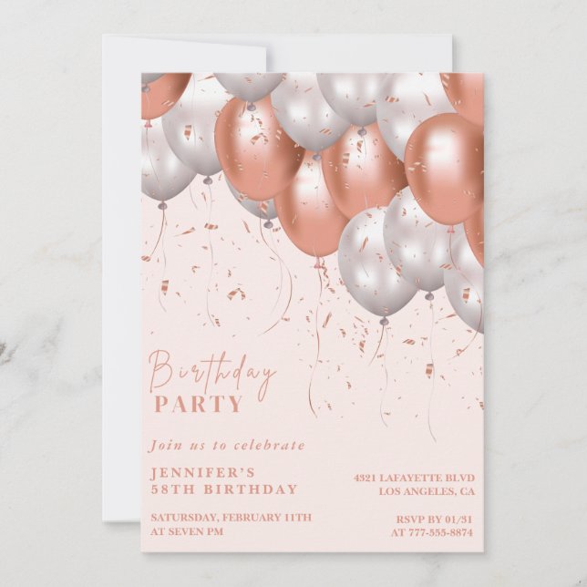 Rose gold 58th birthday invitations Balloon Glam  (Front)