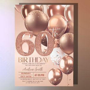 Rose Gold 60th Birthday Glam Glitter Balloons Invitation