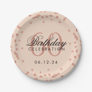 Rose Gold 60th Birthday Glitter Confetti Blush Paper Plate