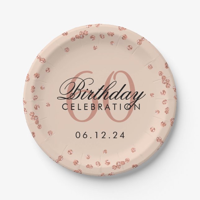 Rose Gold 60th Birthday Glitter Confetti Blush Paper Plate (Front)