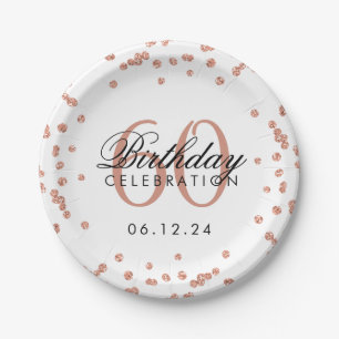 Rose Gold 60th Birthday Glitter Confetti White Paper Plate