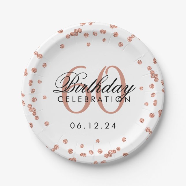Rose Gold 60th Birthday Glitter Confetti White Paper Plate (Front)