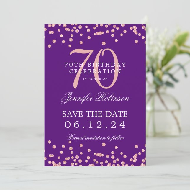 Rose Gold 70 Birthday Save Date Confetti Purple  Invitation (Standing Front)