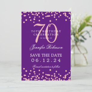 Rose Gold 70 Birthday Save Date Confetti Purple Invitation