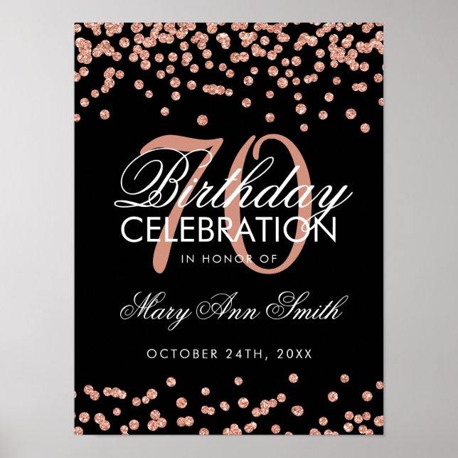Rose Gold 70th Birthday Glitter Confetti Black Poster (Front)