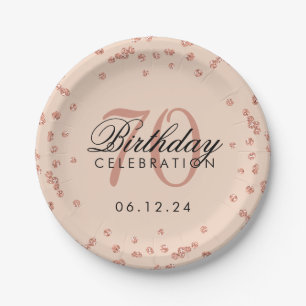 Rose Gold 70th Birthday Glitter Confetti Blush Paper Plate