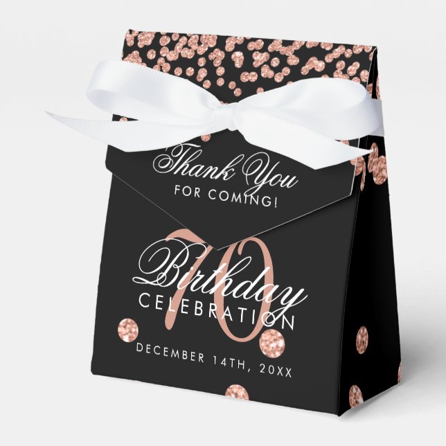 Rose Gold 70th Birthday Thank You Confetti Black Favour Box (Front Side)