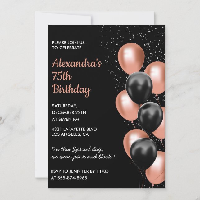 Rose gold 75th birthday invitation Balloon Black (Front)