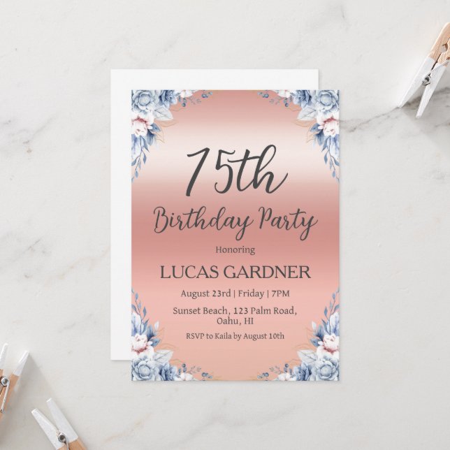 Rose gold 75th birthday invitations (Front/Back In Situ)