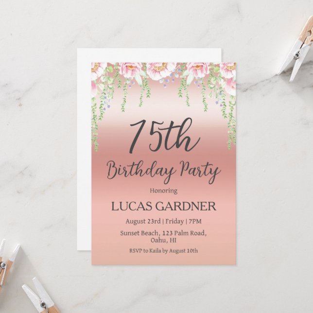 Rose gold 75th birthday invitations (Front/Back In Situ)