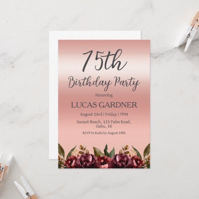 Rose gold 75th birthday invitations (Front/Back In Situ)