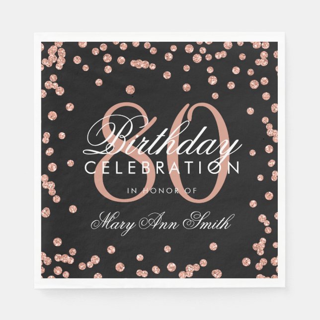 Rose Gold 80th Birthday Glitter Confetti Black Napkin (Front)