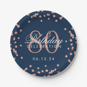 Rose Gold 80th Birthday Glitter Confetti Navy Blue Paper Plate