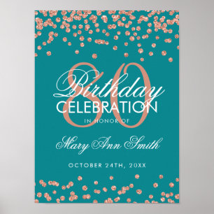 Rose Gold 80th Birthday Glitter Confetti Teal Poster