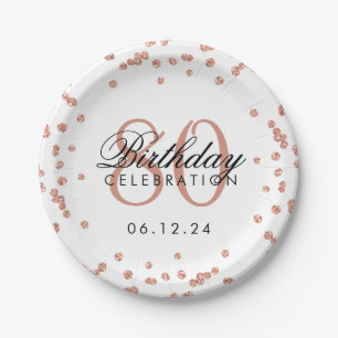 Rose Gold 80th Birthday Glitter Confetti White Paper Plate