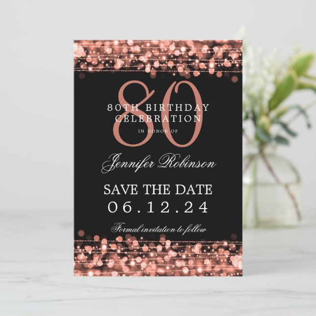 Rose Gold 80th Birthday Save the Date  Invitation (Standing Front)