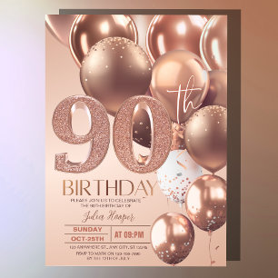 Rose Gold 90th Birthday Glam Glitter Balloons Invitation