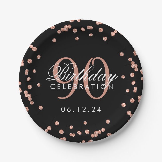 Rose Gold 90th Birthday Glitter Confetti Black Paper Plate (Front)