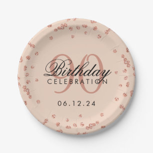 Rose Gold 90th Birthday Glitter Confetti Blush Paper Plate